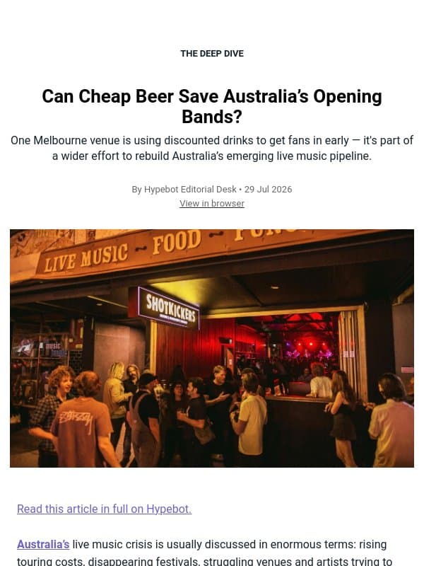 Can Cheap Beer Save Australia’s Opening Bands? email from Hypebot