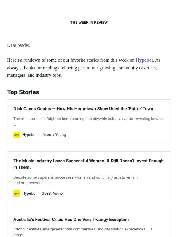 The Week in Review: July 31-Aug 6, 2026 email from Hypebot