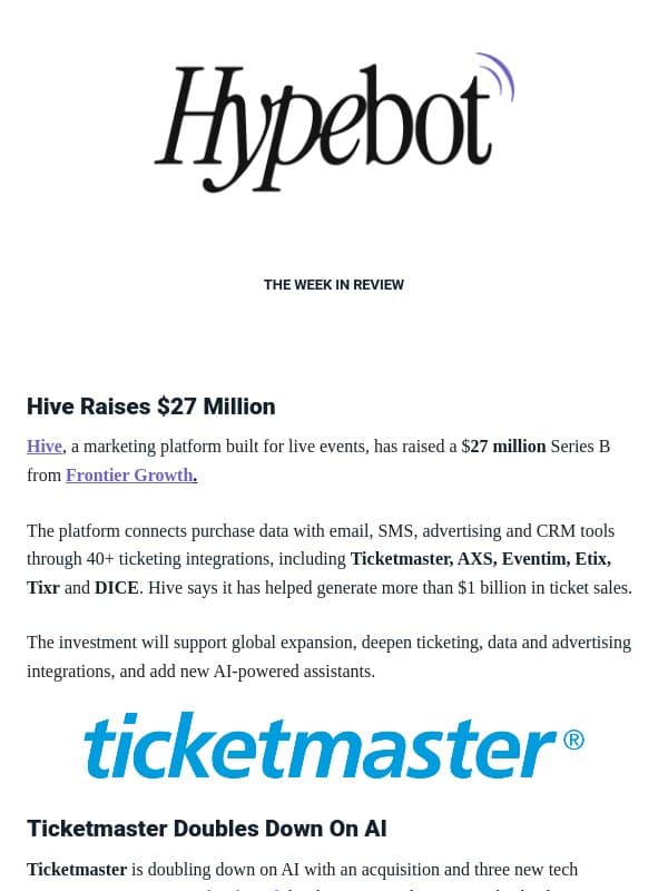Live Music Industry News: Hive, Ticketmaster, FTC & More email from Hypebot