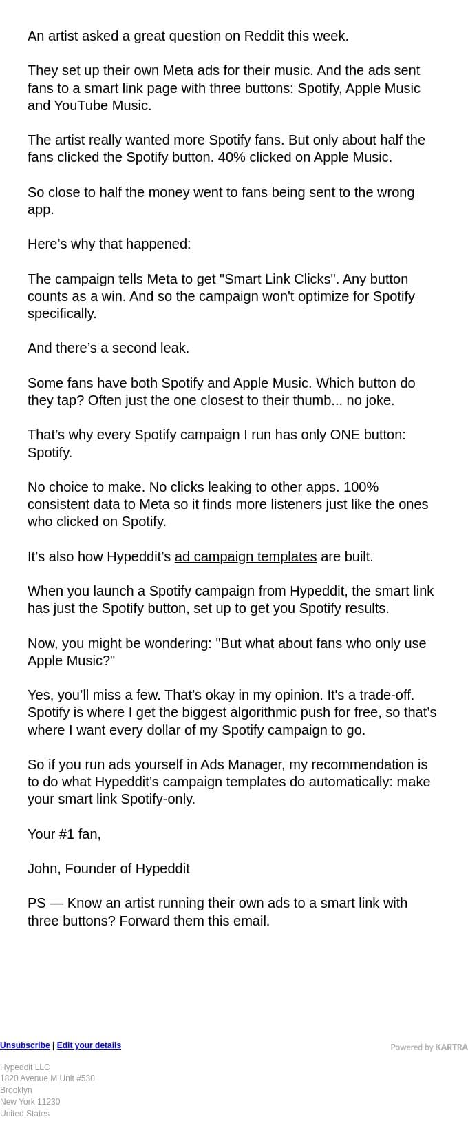 The one-button rule for Spotify ads on Meta email from Hypeddit screenshot