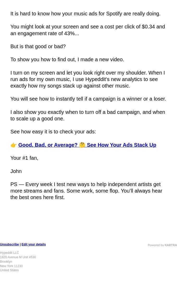 Good, Bad, or Average? π€ See How Your Ads Stack Up email from Hypeddit screenshot