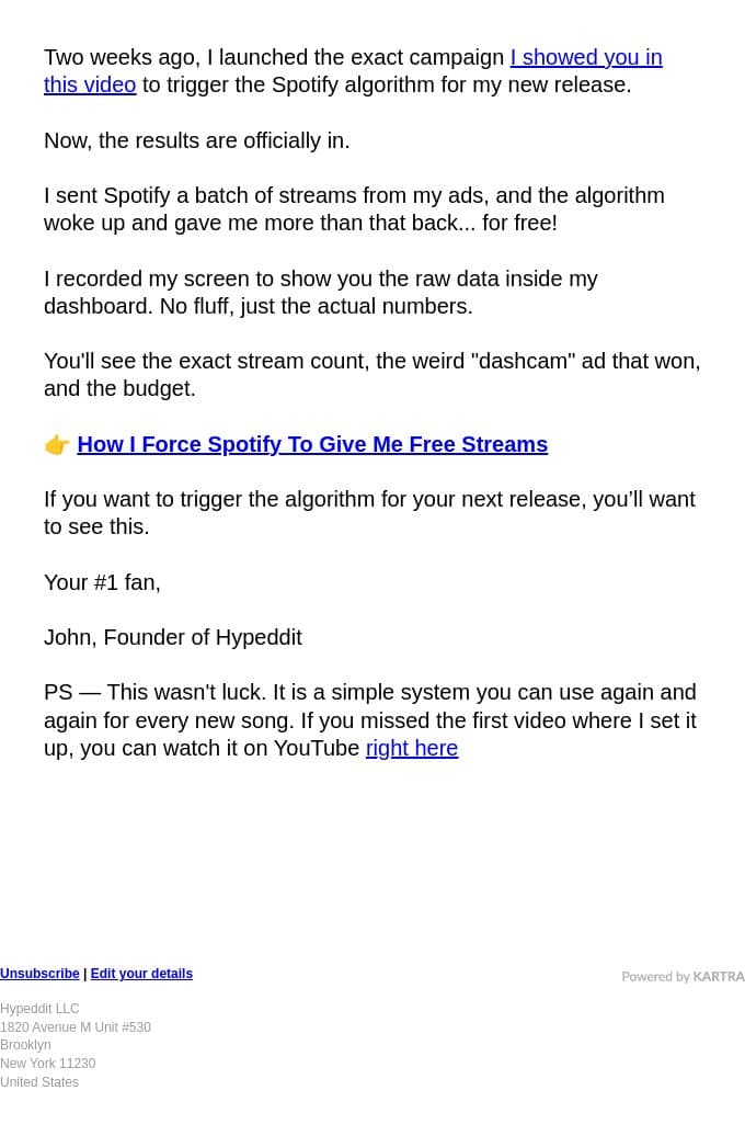 How I force Spotify to give me free streams email from Hypeddit screenshot