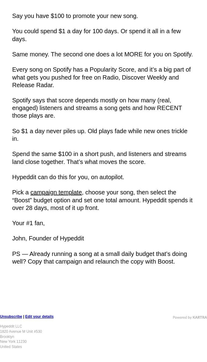 Spotify promo: spend it fast or spend it slow? email from Hypeddit screenshot