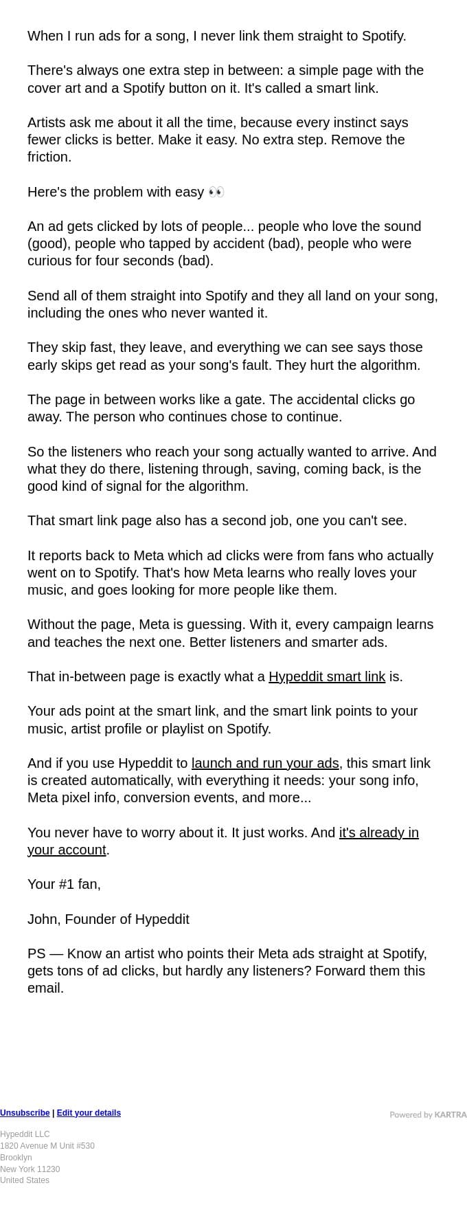 Never send ad clicks straight to Spotify email from Hypeddit screenshot