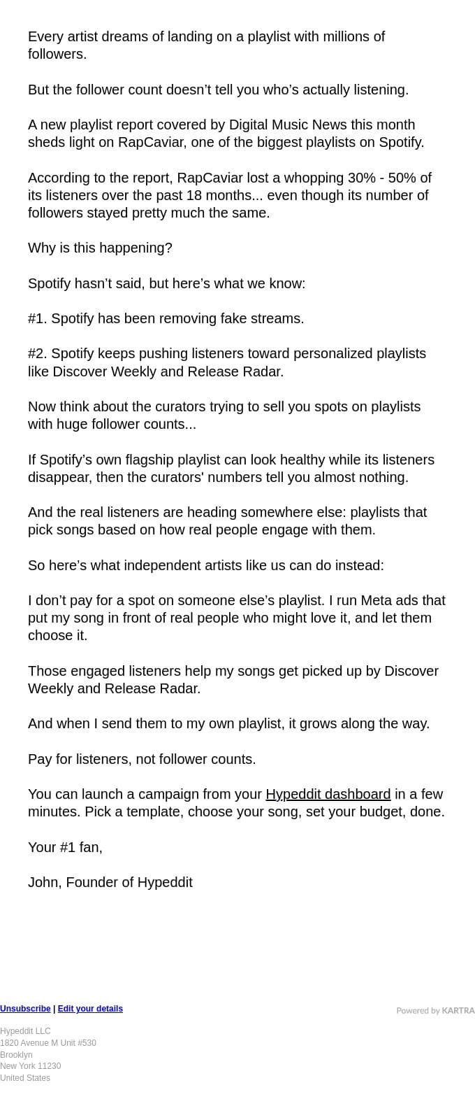 Spotify is moving its listeners email from Hypeddit screenshot