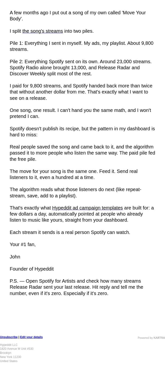 I sent Spotify 9,800 streams. It sent back 23,000. email from Hypeddit screenshot