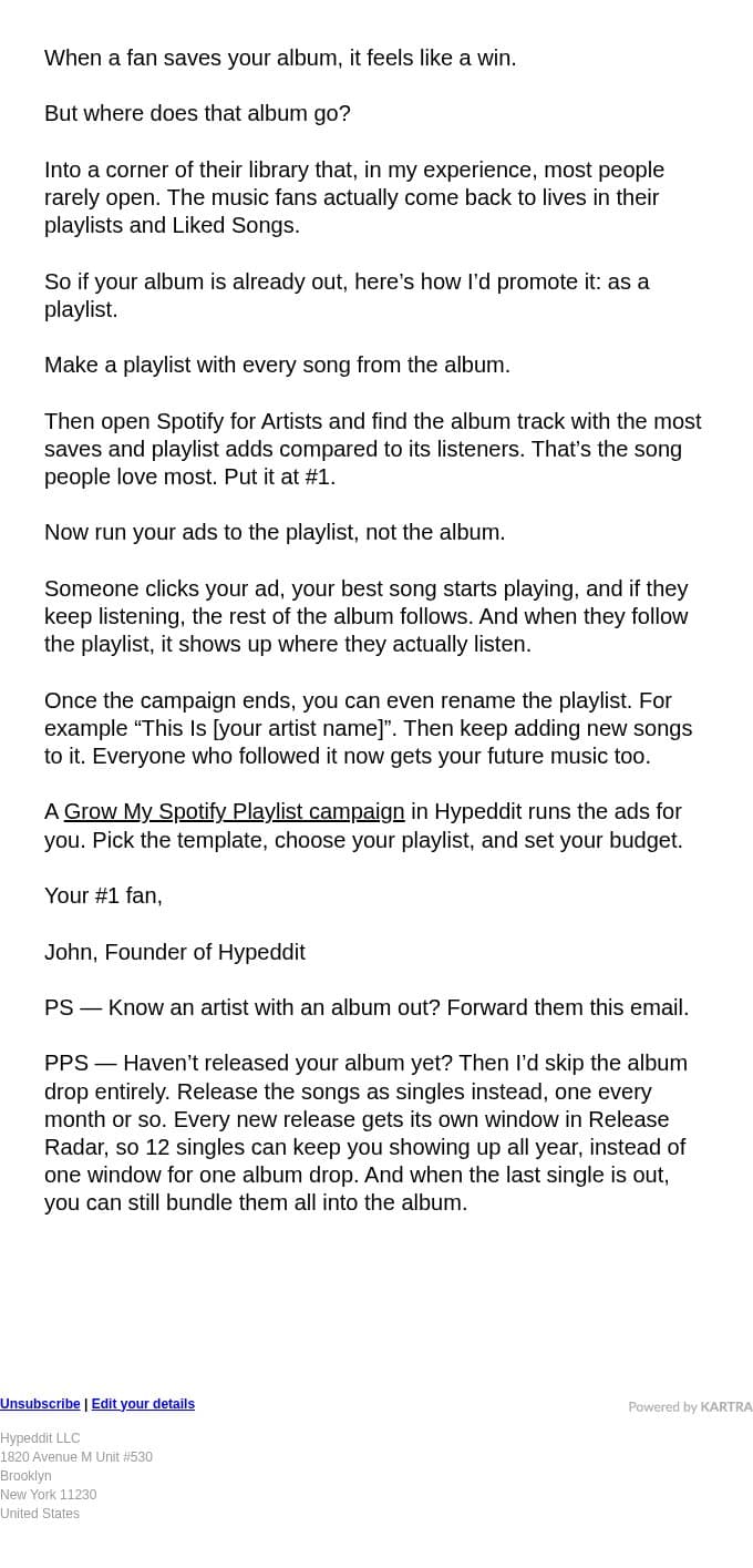 Promote your album on Spotify... like a playlist email from Hypeddit screenshot
