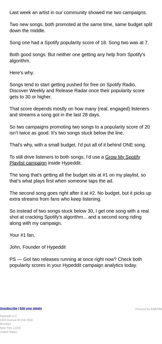 The Spotify budget mistake I saw last week email from Hypeddit screenshot