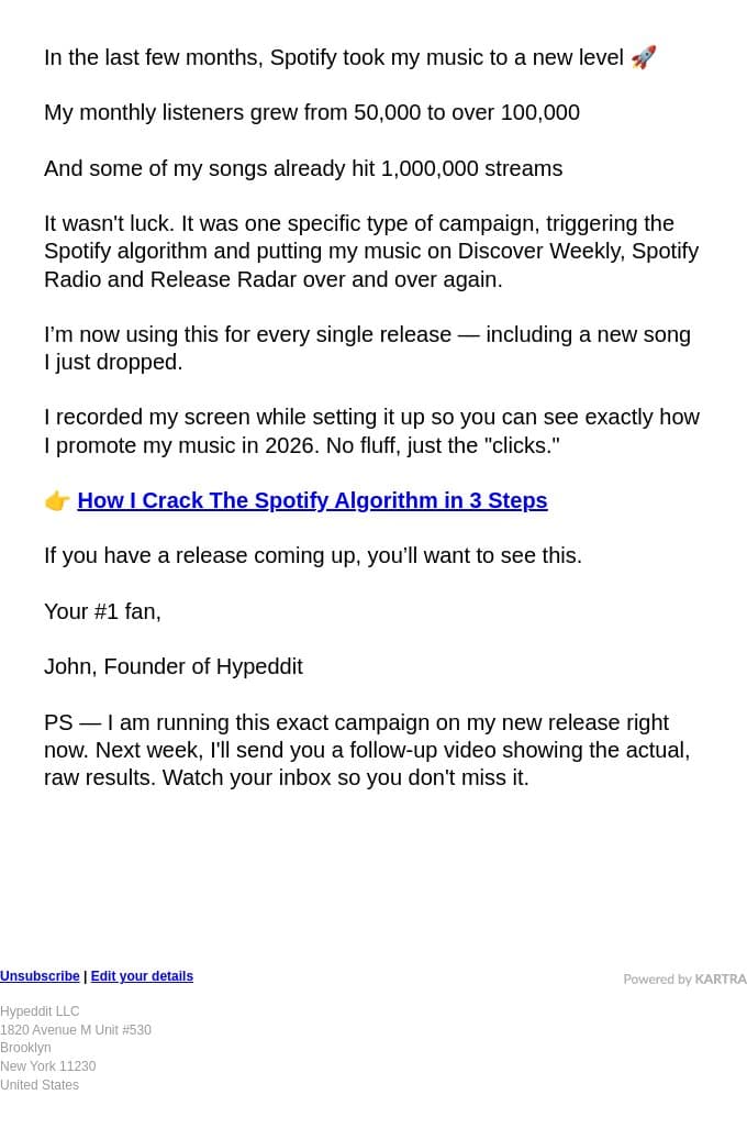 How I crack the Spotify algorithm in 3 steps (no luck) email from Hypeddit screenshot