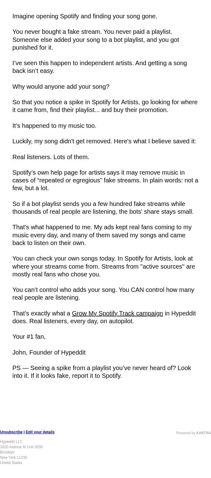 If a bot playlist adds your song... email from Hypeddit screenshot
