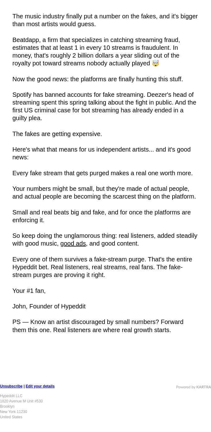 1 in every 10 streams is fake email from Hypeddit screenshot