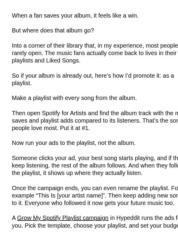 Promote your album on Spotify... like a playlist email from Hypeddit