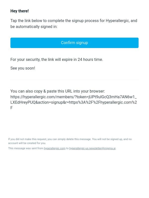 🙌 Complete your sign up to Hyperallergic! email from Hyperallergic screenshot