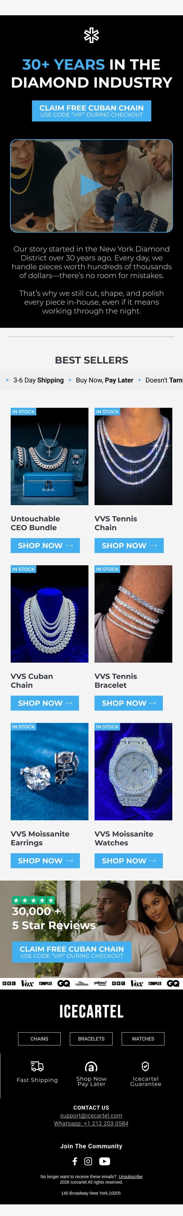 30+ Years in the diamond industry email from Ice Cartel screenshot