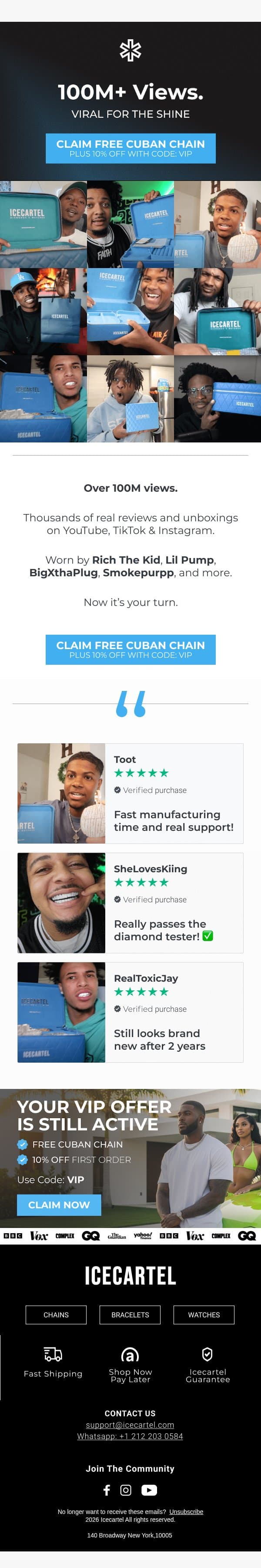 100M+ On Instagram & TikTok email from Ice Cartel screenshot