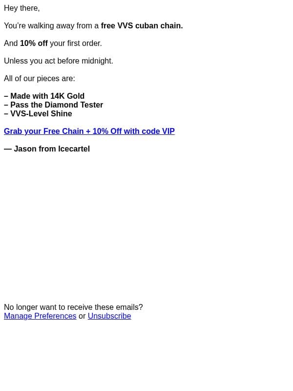 Free Chain Expiring TONIGHT email from Ice Cartel