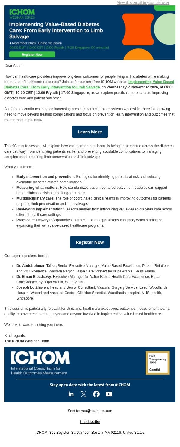 Improving Diabetes Outcomes: Insights from Bupa Arabia and NHG Health email from ICHOM screenshot