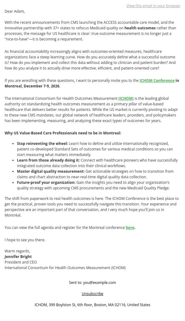 CMS's new focus on health outcomes: Are you ready? email from ICHOM screenshot