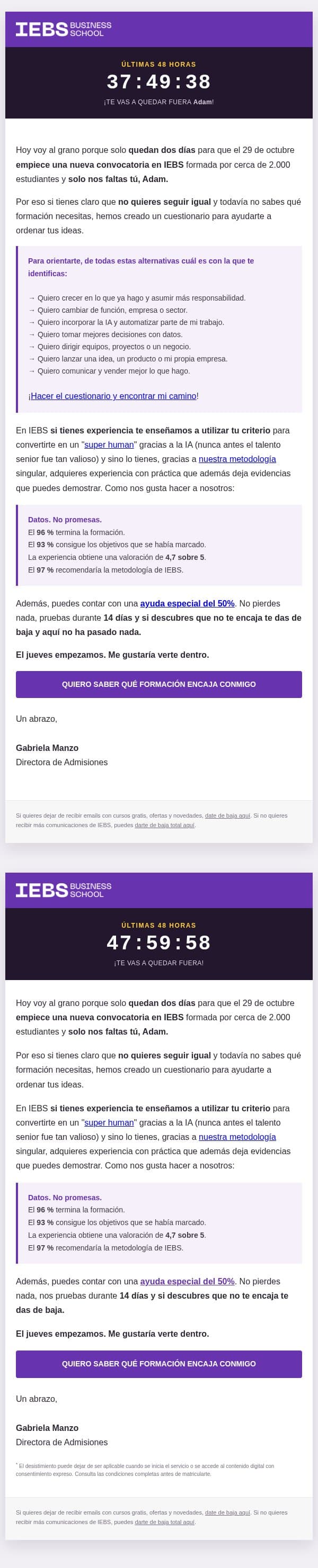 Último aviso ¡Comenzamos el jueves y aún faltas tú Adam! email from IEBS Business School screenshot