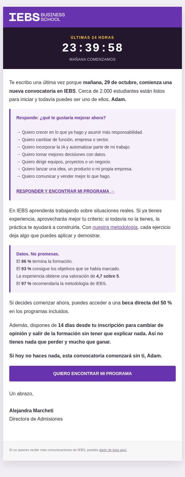 ÚLTIMAS 24H ⏳ ¿Te quieres quedar fuera Adam? email from IEBS Business School screenshot