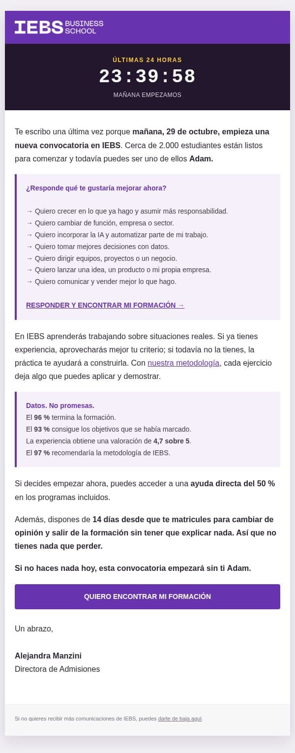 ÚLTIMAS 24H ⏳ ¿Te vas a quedar fuera Adam? email from IEBS Business School screenshot