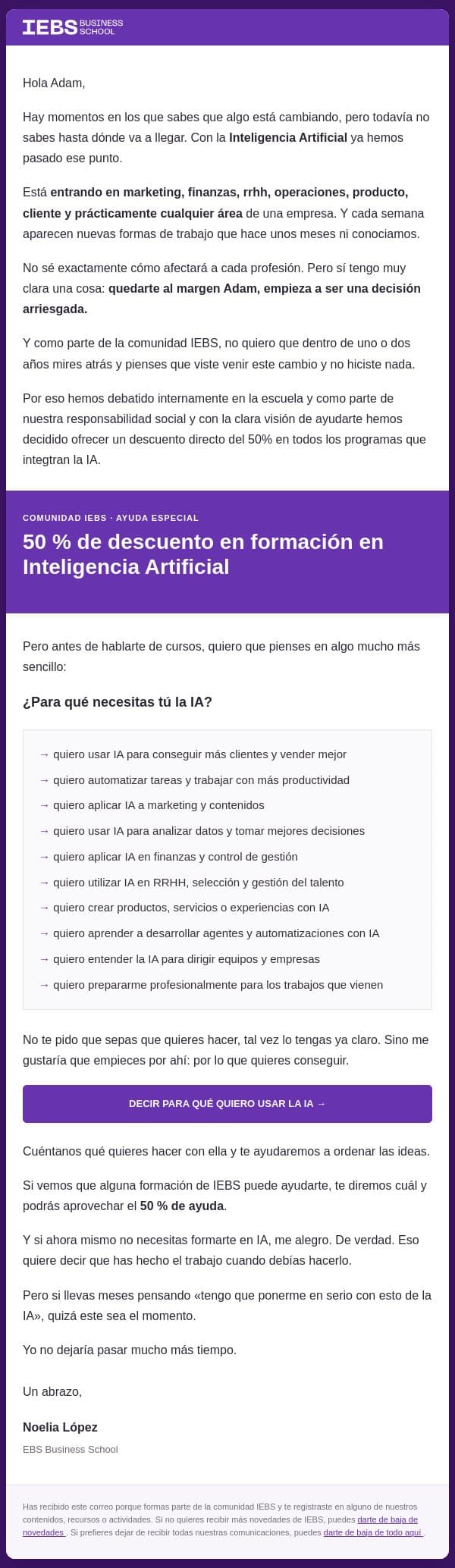 Adam, dentro de 2 años recordaremos este momento y no querrás habértelo perdido email from IEBS Business School screenshot