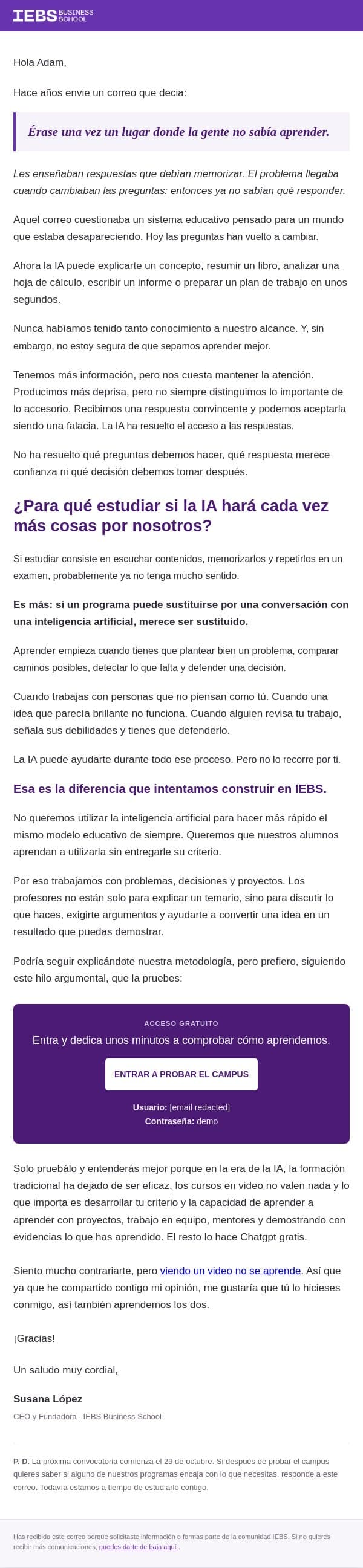 Adam, ¿para qué estudiar si la IA hará el trabajo? email from IEBS Business School screenshot