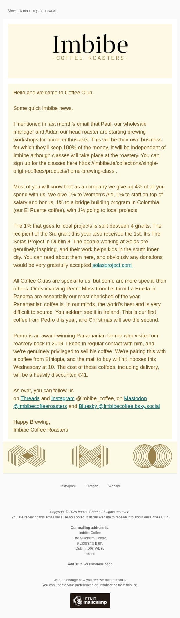 📢 Coffee Club October Heads Up email from Imbibe Coffee Roasters screenshot