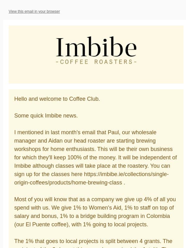 📢 Coffee Club October Heads Up email from Imbibe Coffee Roasters