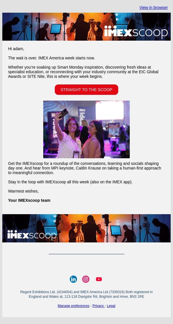 IMEXscoop live from Monday at IMEX America 2026 email from IMEX Group screenshot