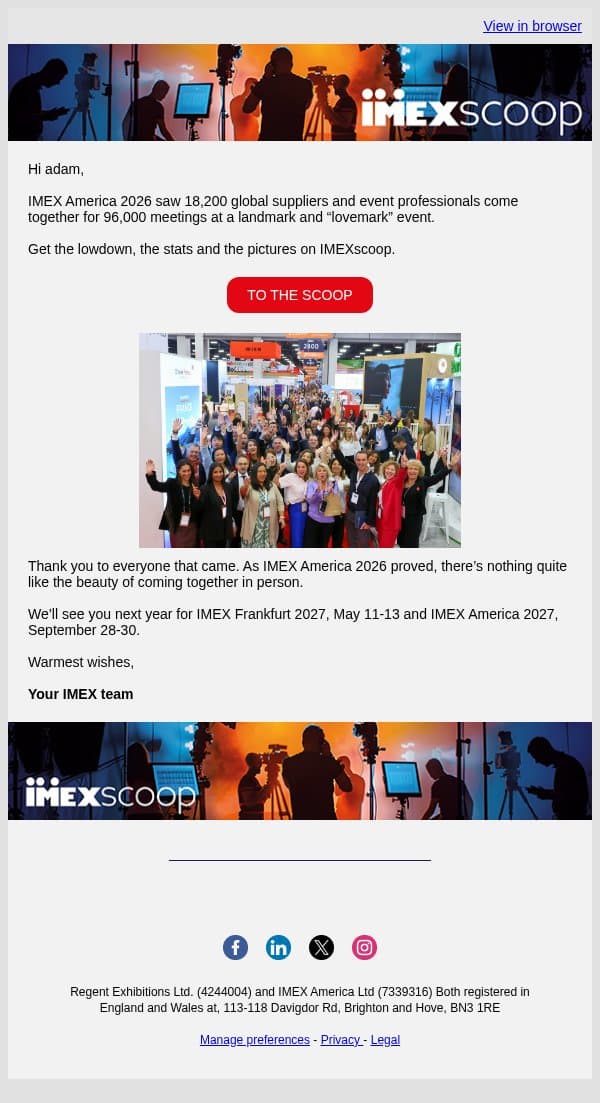 The IMEXscoop on IMEX America 2026 email from IMEX Group screenshot