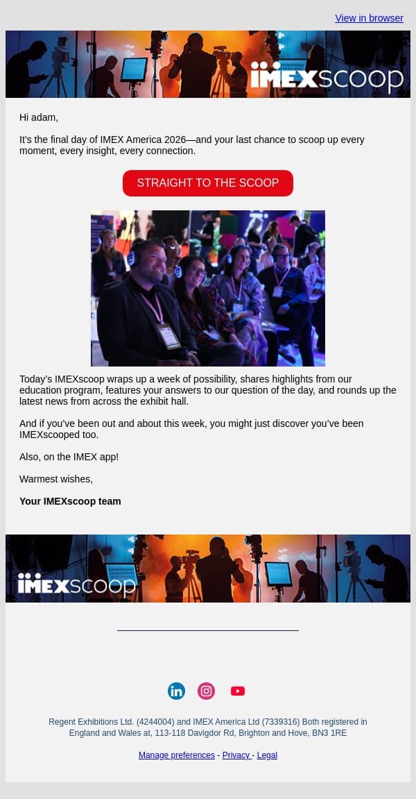 IMEXscoop live from Thursday at IMEX America 2026 email from IMEX Group screenshot