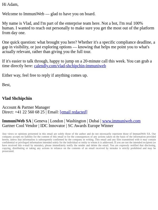 Your ImmuniWeb account is ready — one thing I'd suggest email from ImmuniWeb