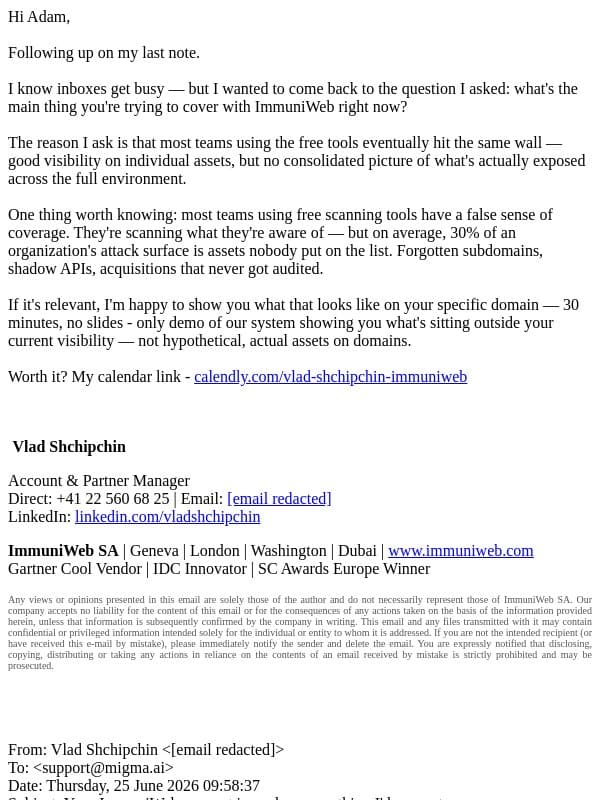 Re: Your ImmuniWeb account is ready — one thing I'd suggest email from ImmuniWeb