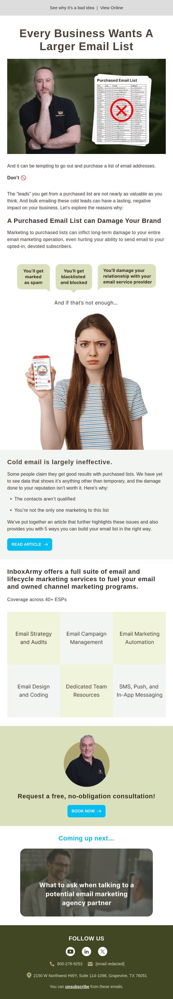 The dangers of buying an email list email from Inbox Army screenshot
