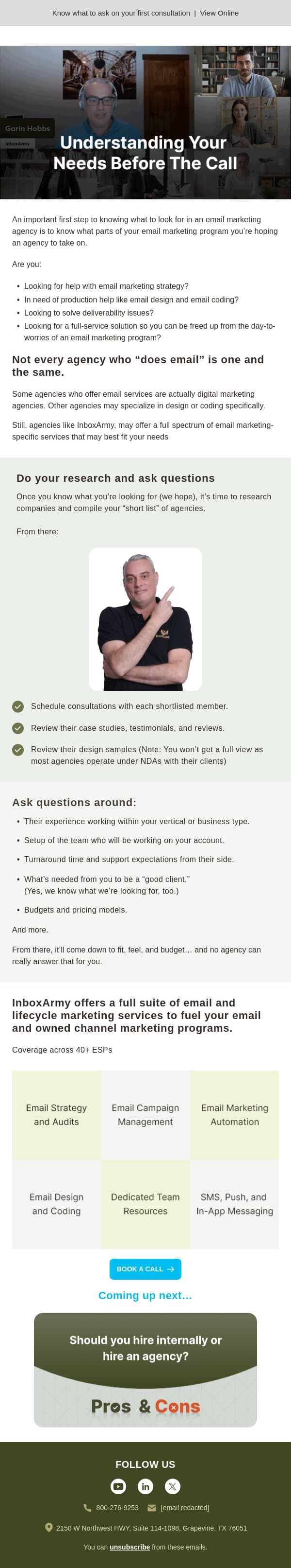 What should I look for in an email marketing agency? email from Inbox Army screenshot