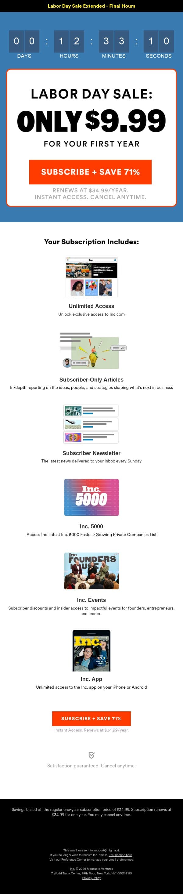Labor Day Sale Extended: Unlock your Inc. savings before they end email from Inc. Magazine screenshot