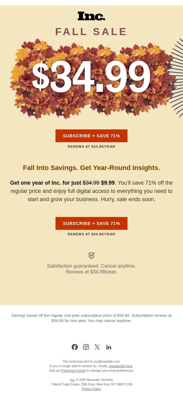 Fall Sale: One year of Inc. for $9.99 email from Inc. Magazine screenshot