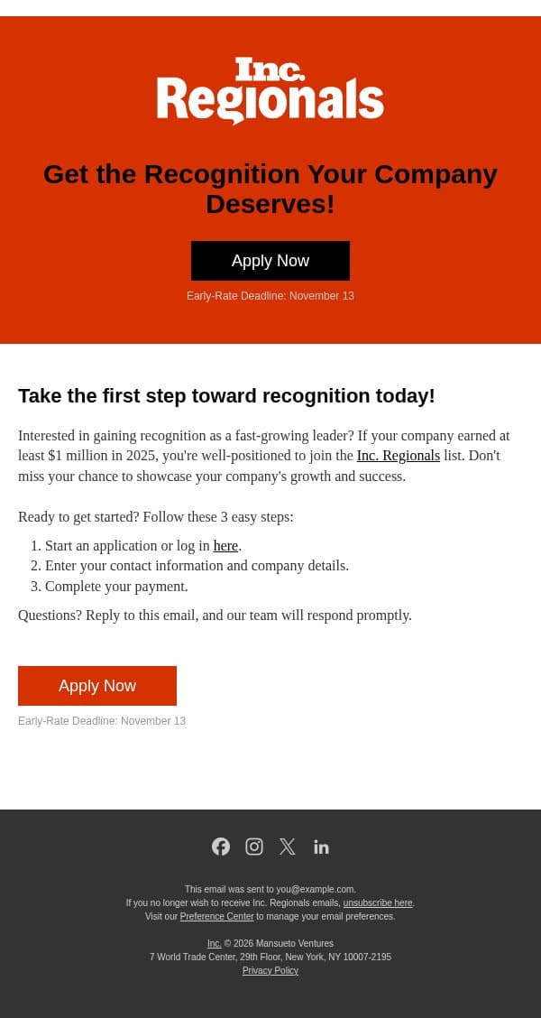 Apply Early and Save on Your Inc. Regionals Application email from Inc. Magazine screenshot