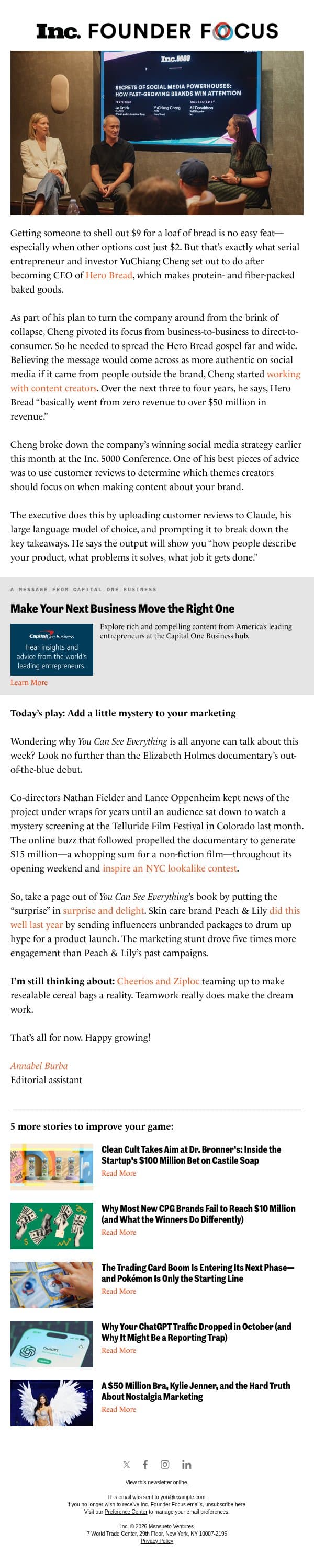 How do you sell a $9 loaf of bread? email from Inc. Magazine screenshot