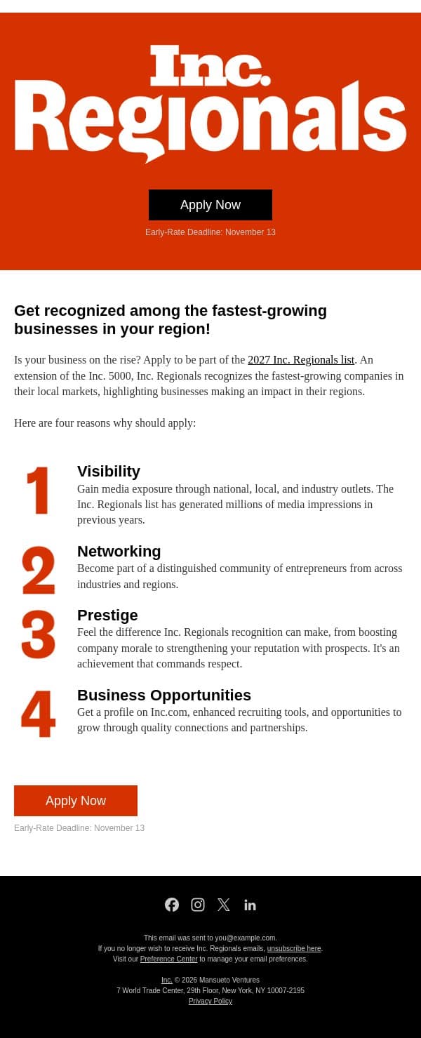 Unlock National Recognition: Apply for the 2027 Inc. Regionals email from Inc. Magazine screenshot