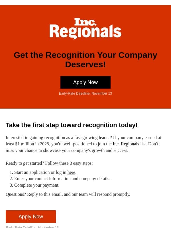 Apply Early and Save on Your Inc. Regionals Application email from Inc. Magazine