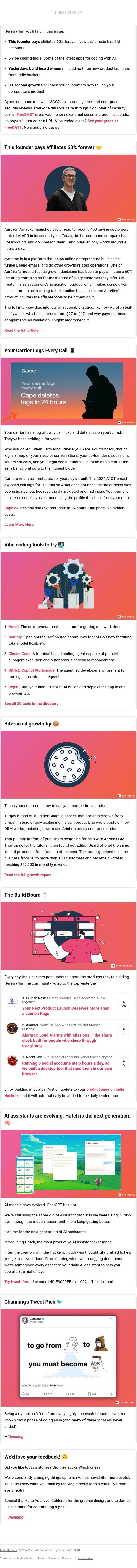 🗞️ What's New: 60% affiliate commissions forever, competitor tutorials as marketing, being a tryhard is cool email from Indie Hackers screenshot