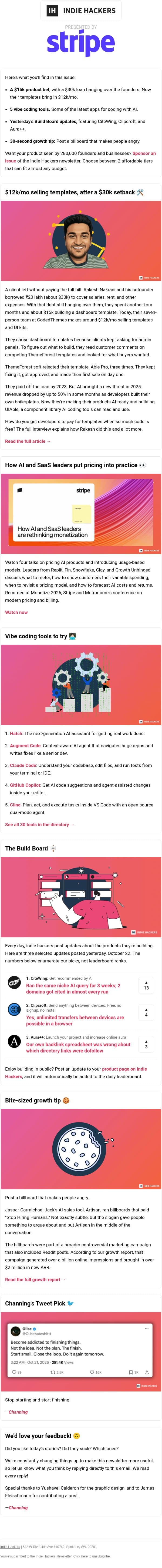 🗞️ What's New: $12k/mo selling templates, a billboard built for backlash, stop starting new things email from Indie Hackers screenshot