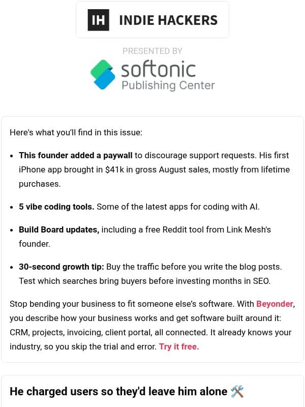 🗞️ What's New: Charging users so they leave you alone, buy traffic before writing posts, self-improvement is painful email from Indie Hackers