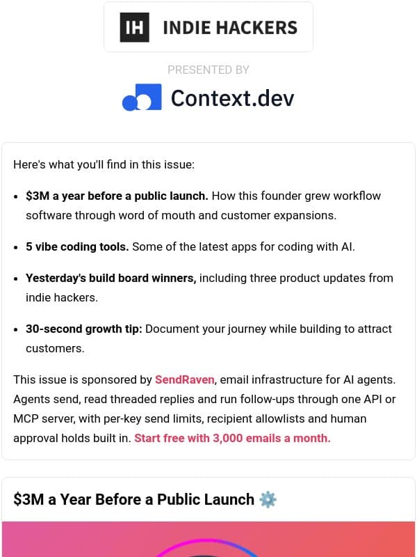🗞️ What's New: $3M/yr through word of mouth, building an audience before launch, agency > IQ email from Indie Hackers