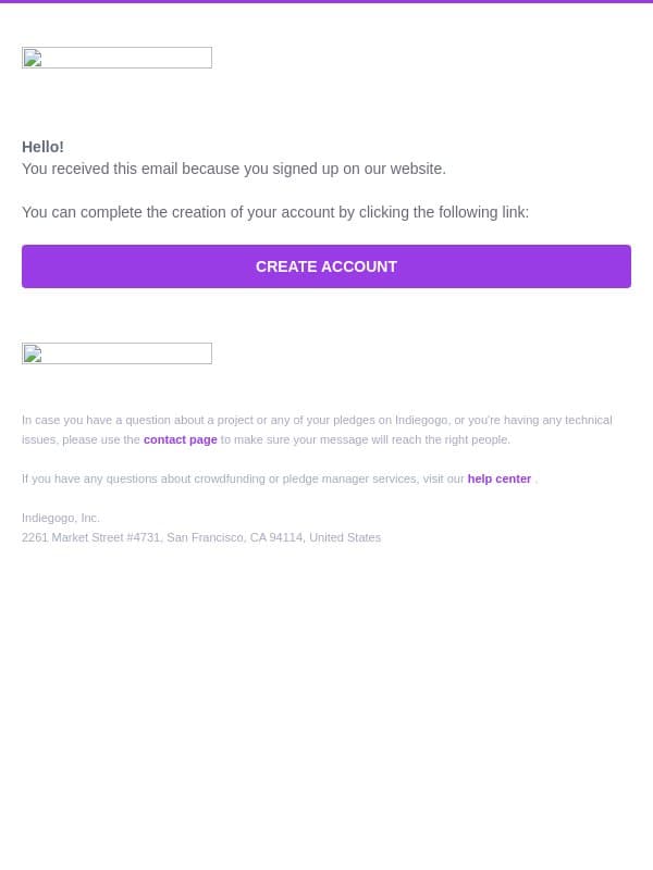 Welcome to Indiegogo! email from Indiegogo screenshot