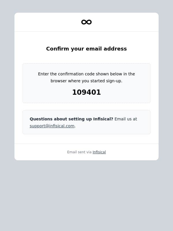 Infisical confirmation code email from Infisical screenshot