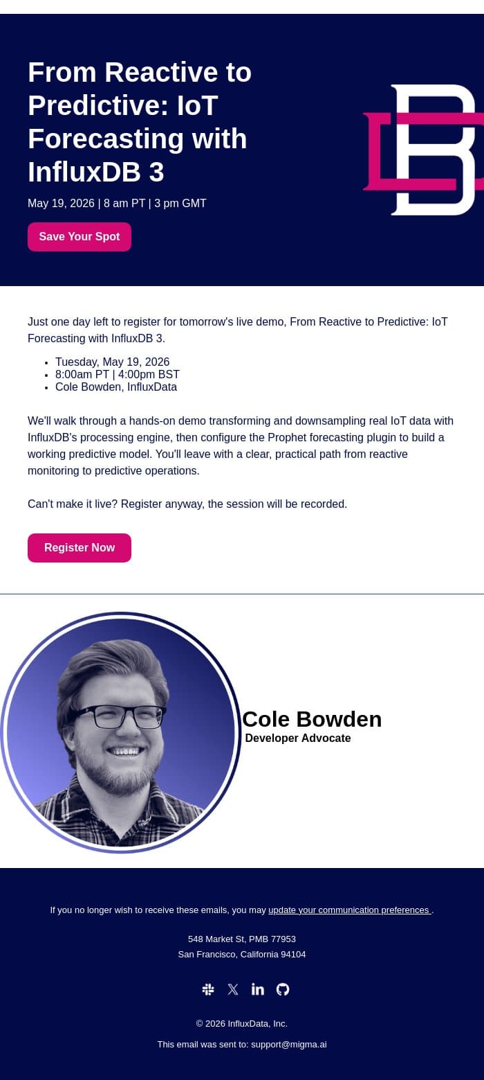 InfluxDB 3 + Prophet plugin: live IoT forecasting walkthrough email from InfluxData screenshot