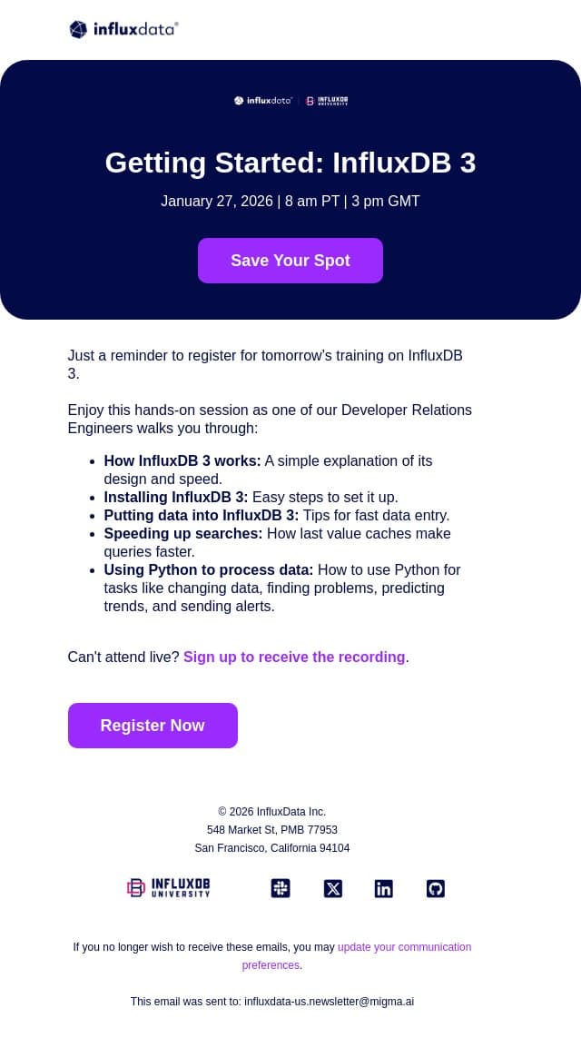 Tomorrow’s Training on InfluxDB 3 email from InfluxData screenshot